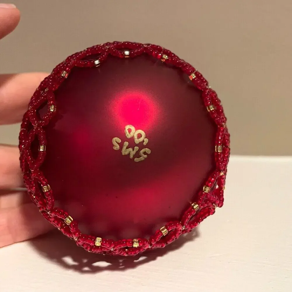 2 Beaded Christmas Ornaments - Gold, Red, Mesh Beaded, Holiday, Tree Decoration